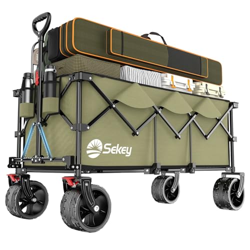 Sekey XXXL Bollerwagen Faltbar 300L 150KG Belastbar, Faltbarer Bollerwagen 17x10 cm Extra Breite Reifen Alle Gelände, Patentiert Klappbar aus Vier Richtungen, XXXL-Super 4013, Olivgrün von Sekey