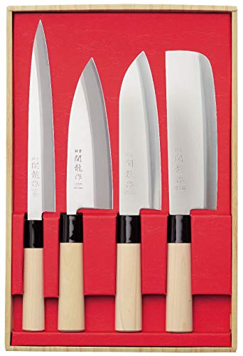 Japanisches 4er Messerset SekiRyu Sashimi, Deba, Santoku & Nakiri - SR1000. Klinge aus Rostfreiem Stahl von SekiRyu
