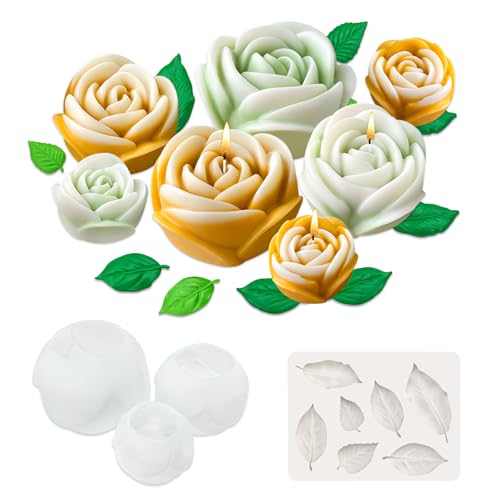Sekonow Rosen-Kerzenformen mit Blattform, groß + mittel + klein, 3D-Blumen-Silikonformen für Kerzenherstellung, Wachsseife, Epoxidharz, Ton, Gips, Heimdekoration, Basteln, 4 Stück von Sekonow