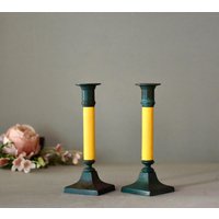 Vintage Zwei Paar Kerzenhalter Aus Bronze Und Holz Wohnkultur Geschenk Rustikale Dekoration von SekulidisAntiques