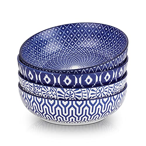 Selamica Große Pastaschalen aus Keramik, 850 ml, 20,3 cm, breit und flach, mikrowellengeeignet, spülmaschinenfest, Vintage-Blau, 4 Stück von Selamica