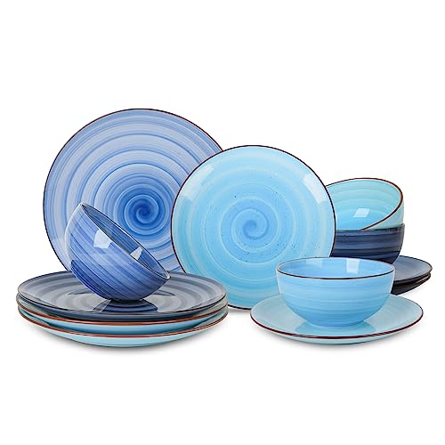 Selamica Keramik 12-teiliges Geschirr-Sets, Küche Keramik Teller und Schalen Sets, Geschirrset Service für 4, Speisesalat Dessertteller und Müslischalen Set, Geschenk, Farbverlauf Blau von Selamica