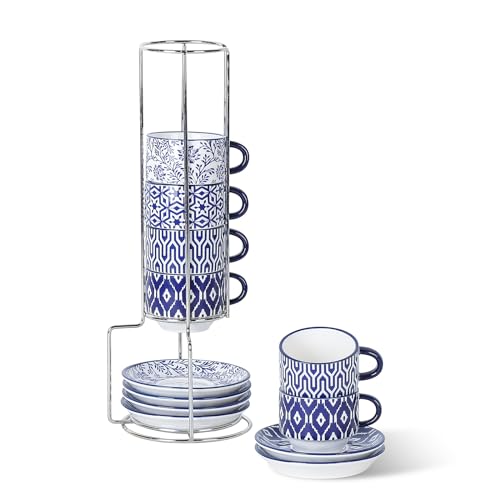 Selamica Keramik Espressotassen mit Untertassen, 2,5 Unzen Stapelbare Porzellan Cappuccinotassen mit Metallständer, Demitasse Tassen für Latte Kaffee Café Mokka Tee Geschenk 6er Set Vintage Blau von Selamica