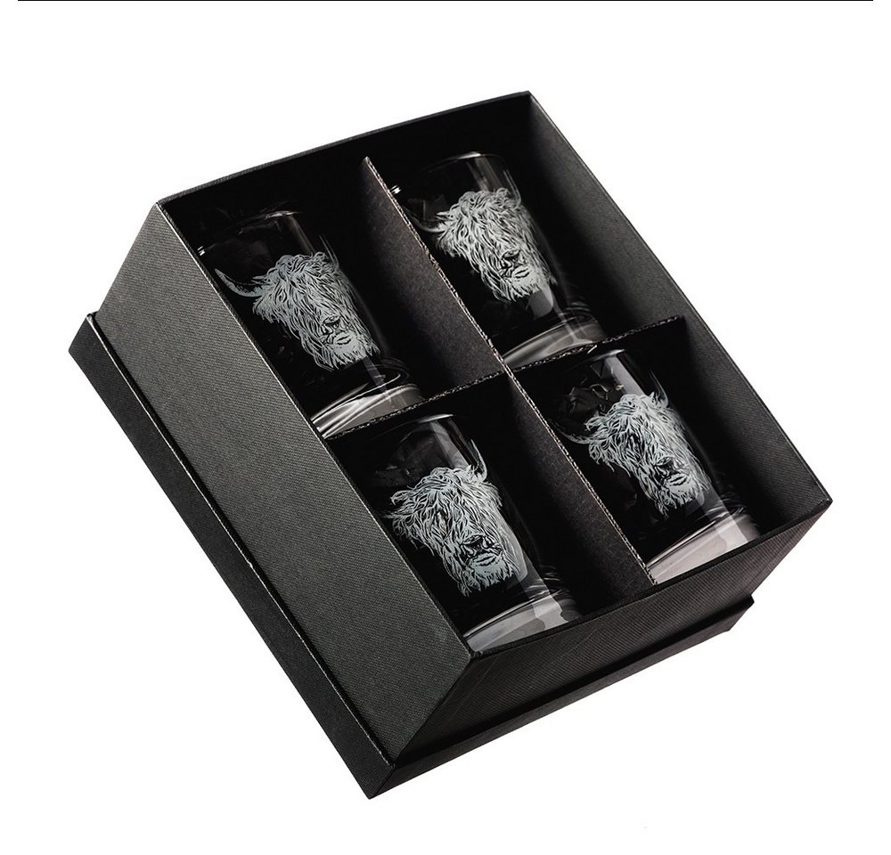 Selbrae House Ltd Whiskyglas Whisky-Gläser 4er-Geschenkset mit Hochlandrind-Gravur, Glas von Selbrae House Ltd