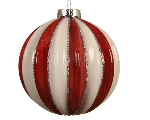 Weihnachtskugeln Glas 8cm x 3 Stück mit Muster Glitzer Streifen geriffelt rot weiß von Selezione cartoleria Varzi dal 1956