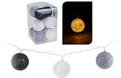 Home & Style 10er LED Lichterkette Grau Weiß 180cm Batterie Lampions Ø 6cm Raphia Kugeln von Self Import Agencies