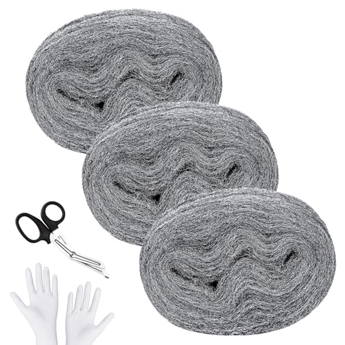 SelfTek 3 Stück Stahlwolle 000 15m mit Arbeitshandschuhen Schere Fein Gegen Nagetiere Steel Wool Stahlwolle für Löcher und Wand Risse von Haus,Garten und für Reinigen und Polieren von SelfTek