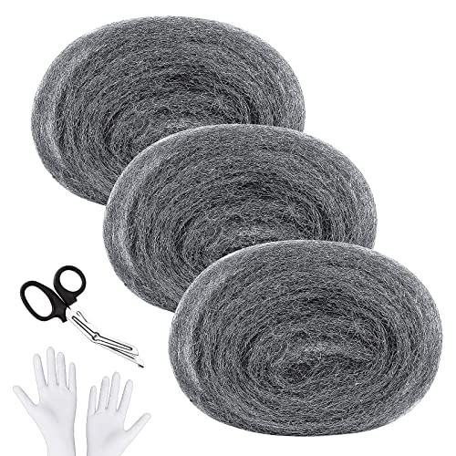 SelfTek 3 Stück Stahlwolle Gegen Mäuse 15m mit Arbeitshandschuhen Schere Fein Gegen Nagetiere Steel Wool Stahlwolle für Löcher und Wand Risse von Haus,Garten und für Reinigen und Polieren von SelfTek