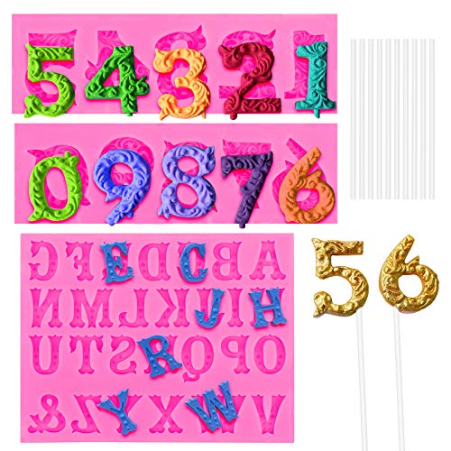 SelfTek 3D Silikonform Zahlen 0–9 und Alphabet A-Z geprägte Fondantform mit 10 Lutscherstäbchen, Süßigkeiten, Zahlen, Buchstaben, Kuchen-dekoration und Schokoladenform für Geburtstagsparty (Rosa) von SelfTek