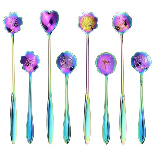 SelfTek 8 Stück Regenbogen Löffel 2 Verschiedene Größen Blumen Set Edelstahl bunt Rührlöffel Kaffeelöffel für Kaffee, Zucker, Eistee,Marmelade und Dessert von SelfTek