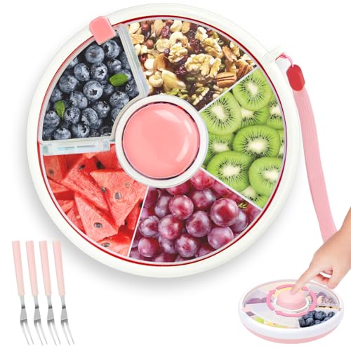 SelfTek Snackbox mit Fächern Kinder, Snackbox mit Deckel Rund, Snackschale mit Deckel, Snackteller mit Fächern, Tragbarer Obst- und Süßigkeiten-Organizer für Kinder (Rosa) von SelfTek