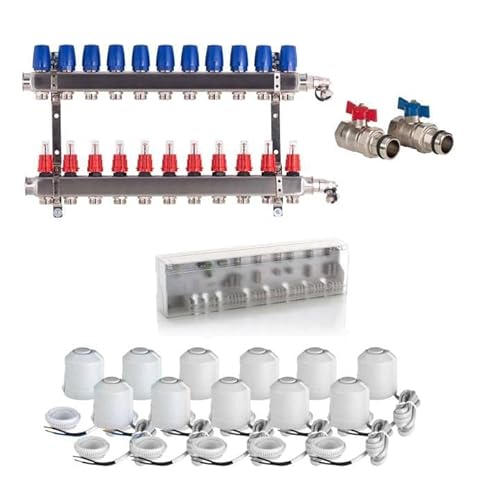 Heizkreisverteiler BASIC für Fußbodenheizung 11 Heizkreise Komplettset Verteiler, Kugelhahn, Stellantrieb, Anschlussleiste von Selfio