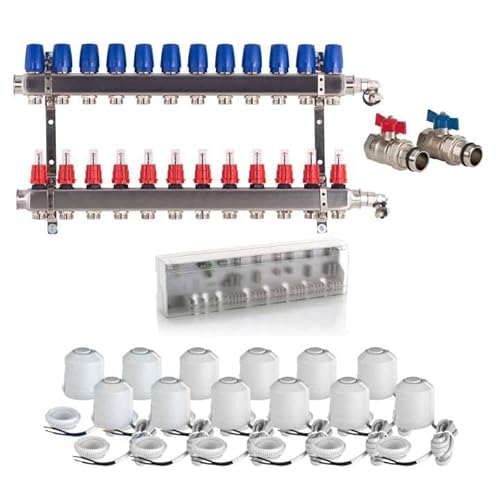 Heizkreisverteiler BASIC für Fußbodenheizung 12 Heizkreise Komplettset Verteiler, Kugelhahn, Stellantrieb, Anschlussleiste von Selfio