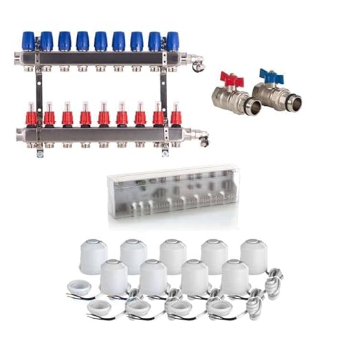 Heizkreisverteiler BASIC für Fußbodenheizung 9 Heizkreise Komplettset Verteiler, Kugelhahn, Stellantrieb, Anschlussleiste von Selfio