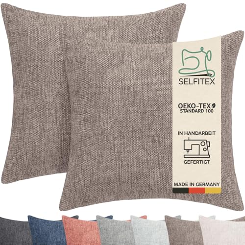 Selfitex 2er Set Sofakissen 40x40 cm, inkl. Füllkissen, gewebter Canvas Stoff, Matte & strukturierte Oberfläche, weiche Füllung aus PUR-Sticks, in Handarbeit hergestellt – Made in Germany (Hellbraun) von Selfitex