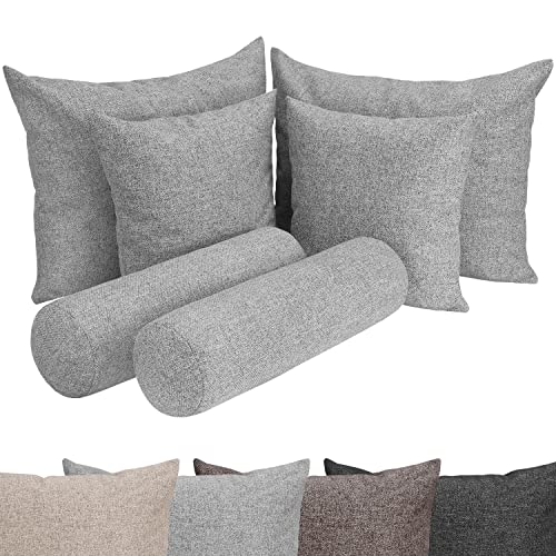 Selfitex Großes 6-teiliges Boxspringbett Kissen Set, 2 Couchkissen XXL + 2 Sofakissen groß + 2 Nackenrollen extra lang, Sofakissen mit Füllung und Bezug, Moderne und stilvolle Dekokissen (Grau) von Selfitex