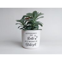Rente Beginn - Keramik Blumentopf Blütezeit | "Glückwunsch Zur Rente, Jetzt Beginnt Die Blütezeit" Ø13cm/Ø15cm Weiß Meliert Schwarz Matt von SelfmadeStudioDe