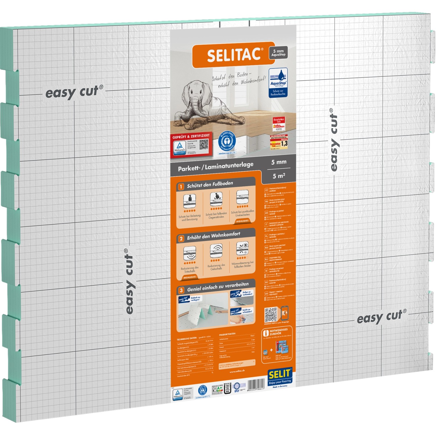 Selitac® Trittschalldämmung für Parkett und Laminat 5 mm 5 m² mit AquaStop von Selit