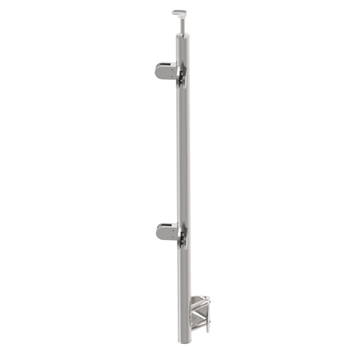 Sellon24® Edelstahl Pfosten Ø42,4 ECKE IN Glas Bauhöhe 1000 mm mit 4 x Glashalter 63x45 mm 90 Grad Geländer V2A Geländer Balkon seitlich Pfostenrohr Rundrohr Terrasse vorgesetzt Trägerplatte von Sellon24