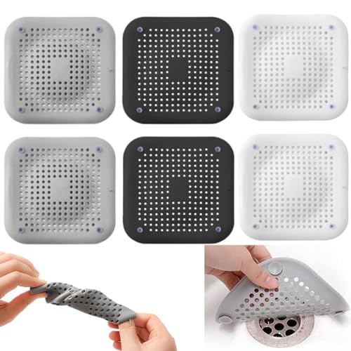 Abflusssieb Silikon, 6 Stück Abflusssieb Dusche, Abfluss Haarfänger mit Saugnäpfen, Haarsieb Dusche, Abfluss Sieb Sink Strainer, für Küche, Dusche, Badewanne (Weiß + Grau+ Schwarz) von Seloxmcs