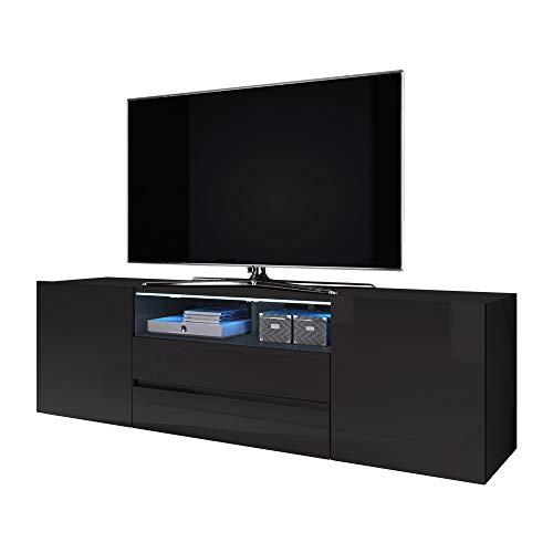 Selsey BROS – TV-Lowboard/Fernsehschrank Schwarz Matt/Schwarz Hochglanz mit LED-Beleuchtung Stehend Modern von Selsey