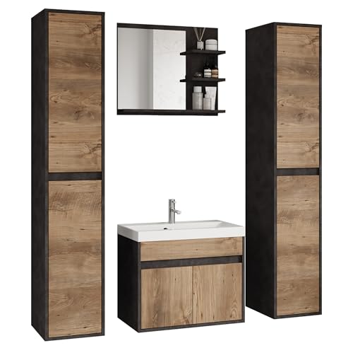 Selsey Badmöbel Set Braun, Luani XL Badezimmermöbel Set Mit Waschbecken, Waschtischunterschrank, Spiegelschrank & 2 Hochschränke - Wandmontage, Laminierte Platte, Modernes Design Selsey Badmöbel Set Braun, Luani XL Badezimmermöbel Set Mit Waschbecken, Waschtischunterschrank, Spiegelschrank & 2 Hochschränke - Wandmontage, Laminierte Platte, Modernes Design von Selsey