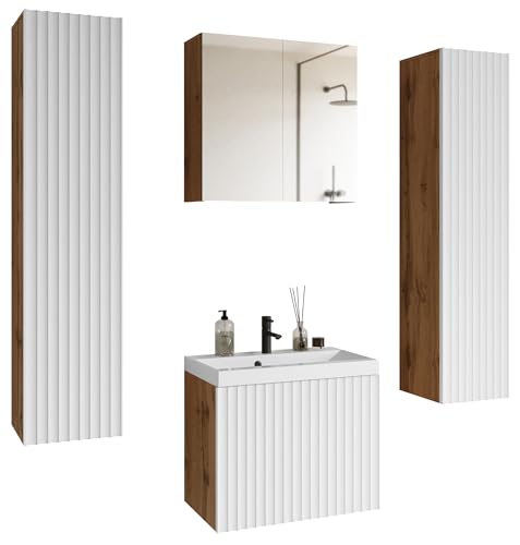 Selsey Badmöbelset Nirdea XL - Badezimmermöbel Set Mit Waschbecken & Spiegelschrank - 121 cm Weiß/Wotan-Eiche - 5-teilig - Soft-Close, Wandmontage - Feuchtigkeits-/Kratzfeste Laminierte/MDF-Platte Selsey Badmöbelset Nirdea XL - Badezimmermöbel Set Mit Waschbecken & Spiegelschrank - 121 cm Weiß/Wotan-Eiche - 5-teilig - Soft-Close, Wandmontage - Feuchtigkeits-/Kratzfeste Laminierte/MDF-Platte von Selsey