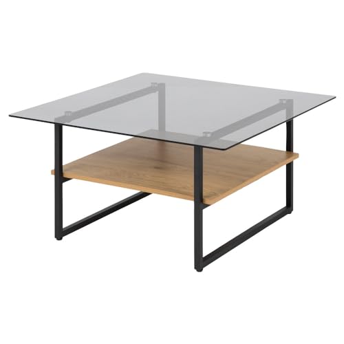 Selsey HIDEKO - Beistelltisch / Couchtisch mit Glasplatte, schwarzem Metallgestell und Ablage in Eichenoptik, quadratisch, 80x80 cm von Selsey