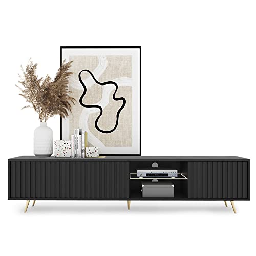 Selsey TV Schrank Board Sideboard Fernsehtisch Fernsehschrank Mit Lamellen Und LED Beleuchtung 175 cm Goldene Beine Schwarz Bello von Selsey