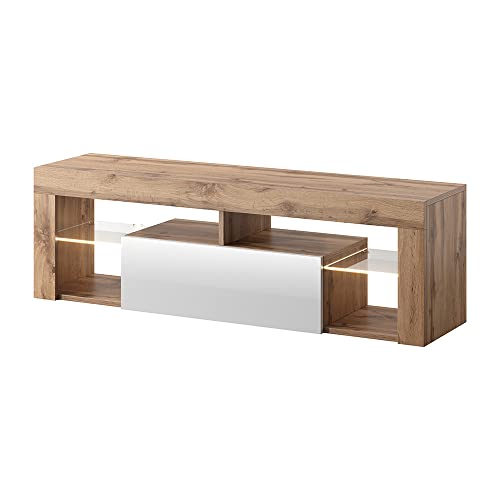 Selsey BIANKO – TV-Lowboard/TV-Schrank in Holz-Optik Lancaster Eiche mit Klappe in Weiß Hochglanz mit LED-Beleuchting Stehend 140cm von Selsey