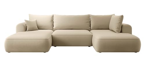 Selsey OVO - Wohnlandschaft U-Form-Sofa mit Schlaffunktion, Bettkasten, Ottomane rechts, Veloursbezug Beige von Selsey