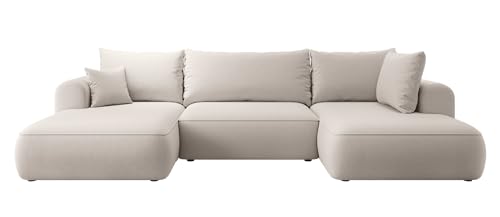 Selsey OVO - Wohnlandschaft U-Form-Sofa mit Schlaffunktion, Bettkasten, Ottomane rechts, Veloursbezug Creme von Selsey