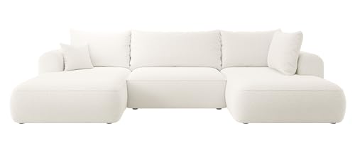 Selsey OVO - Wohnlandschaft U-Form-Sofa mit Schlaffunktion, Bettkasten, Ottomane rechts, Boucle Creme von Selsey