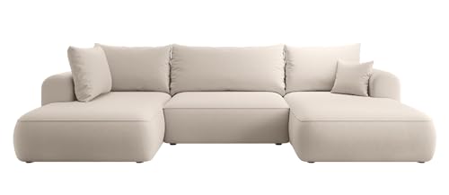 Selsey OVO - Wohnlandschaft U-Form-Sofa mit Schlaffunktion, Bettkasten, Ottomane links, Veloursbezug Hellbeige von Selsey