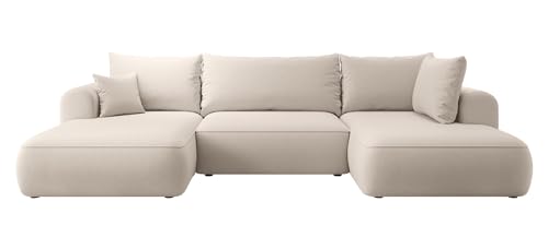 Selsey OVO - Wohnlandschaft U-Form-Sofa mit Schlaffunktion, Bettkasten, Ottomane rechts, Veloursbezug Hellbeige von Selsey