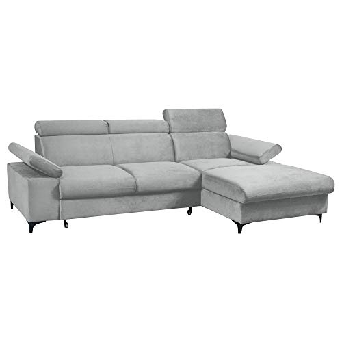 Selsey MILLEFOLIUM - Ecksofa/Schlafcouch Samtbezug wasserbeständig, verstellbare Kopfstützen, 2 Bettkästen, 260 cm breit (Hellgrau, Ottomane rechts) von Selsey