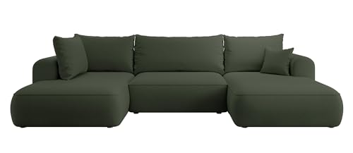 Selsey OVO - Wohnlandschaft U-Form-Sofa mit Schlaffunktion, Bettkasten, Ottomane links, Veloursbezug Olivgrün von Selsey
