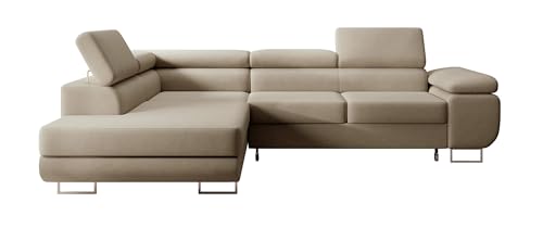 Selsey STEVIL - Ecksofa L-Sofa mit Schlaffunktion, Bettkasten, Ottomane links, Veloursbezug Beige von Selsey