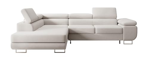 Selsey STEVIL - Ecksofa L-Sofa mit Schlaffunktion, Bettkasten, Ottomane links, Veloursbezug Creme von Selsey