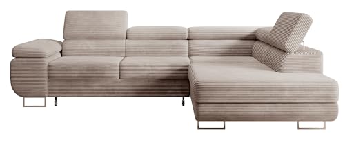 Selsey STEVIL - Ecksofa L-Sofa mit Schlaffunktion, Bettkasten, Ottomane rechts, Cordbezug Dunkelbeige von Selsey