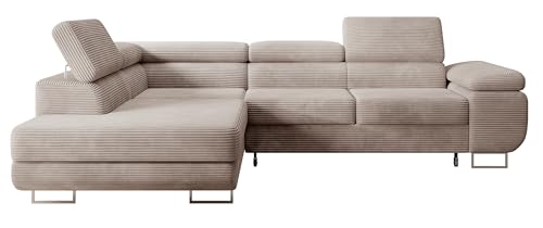 Selsey STEVIL - Ecksofa L-Sofa mit Schlaffunktion, Bettkasten, Ottomane links, Cordbezug Dunkelbeige von Selsey