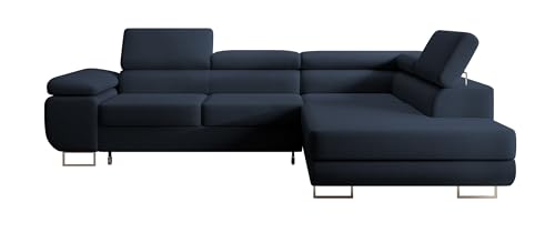 Selsey STEVIL - Ecksofa L-Sofa mit Schlaffunktion, Bettkasten, Ottomane rechts, Veloursbezug Dunkelblau von Selsey