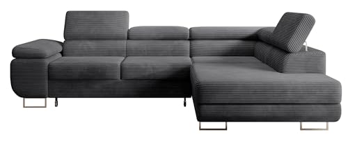 Selsey STEVIL - Ecksofa L-Sofa mit Schlaffunktion, Bettkasten, Ottomane rechts, Cordbezug Dunkelgrau von Selsey