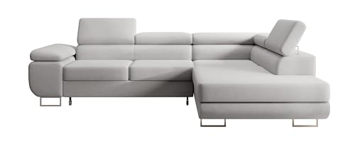 Selsey STEVIL - Ecksofa L-Sofa mit Schlaffunktion, Bettkasten, Ottomane rechts, Veloursbezug Grau von Selsey