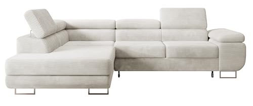 Selsey STEVIL - Ecksofa L-Sofa mit Schlaffunktion, Bettkasten, Ottomane links, Cordbezug Graubeige von Selsey