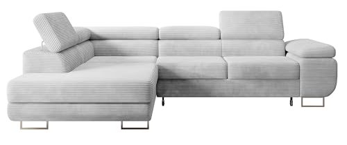 Selsey STEVIL - Ecksofa L-Sofa mit Schlaffunktion, Bettkasten, Ottomane links, Cordbezug Hellgrau von Selsey