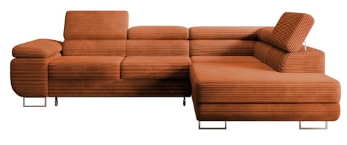 Selsey STEVIL - Ecksofa L-Sofa mit Schlaffunktion, Bettkasten, Ottomane rechts, Cordbezug Kupferbraun von Selsey