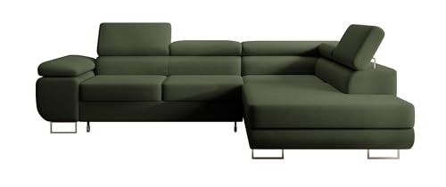 Selsey STEVIL - Ecksofa L-Sofa mit Schlaffunktion, Bettkasten, Ottomane rechts, Veloursbezug Olivgrün von Selsey