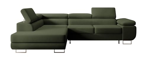 Selsey STEVIL - Ecksofa L-Sofa mit Schlaffunktion, Bettkasten, Ottomane links, Veloursbezug Olivgrün von Selsey