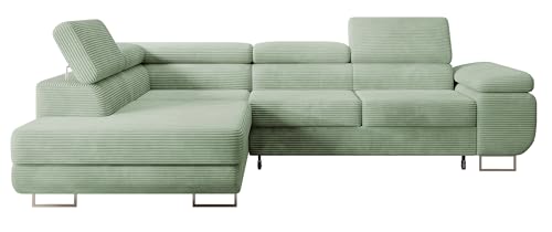 Selsey STEVIL - Ecksofa L-Sofa mit Schlaffunktion, Bettkasten, Ottomane links, Cordbezug Salbeigrün von Selsey